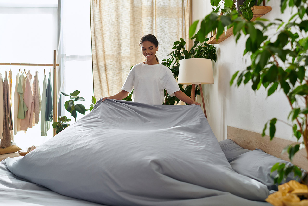 Young african american making a bed stock photo